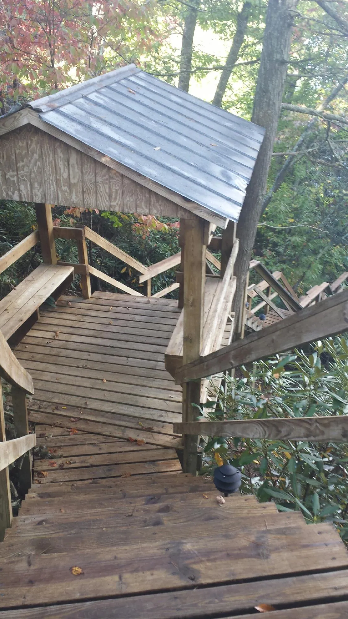 Metal roofed shelter over wooden steps on a wooded walkway — Skylight Repair & Installation work by our crew in Shelocta